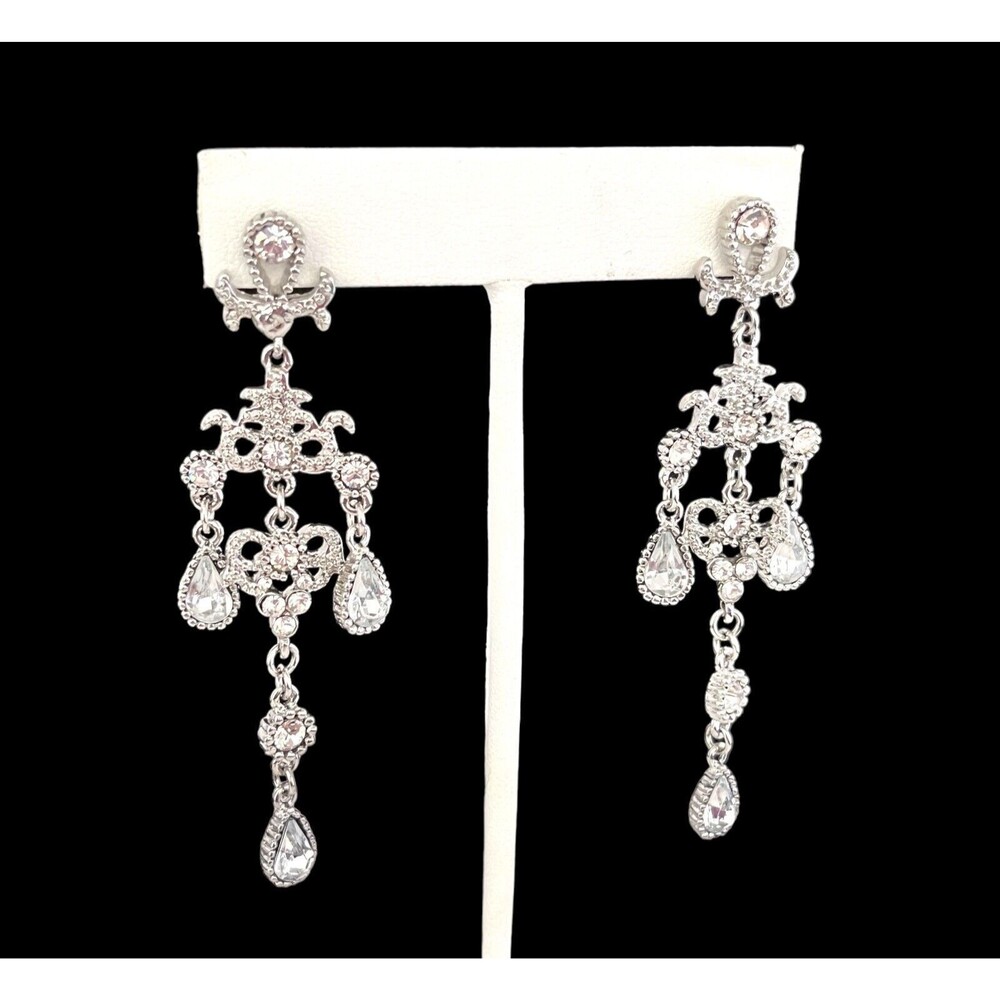 New Silver Tone Chandelier Earrings Clear Crystal Statement Dangle Formal - 2I